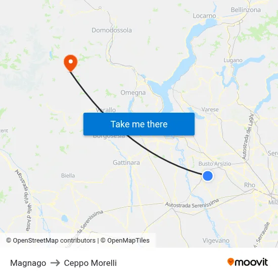 Magnago to Ceppo Morelli map