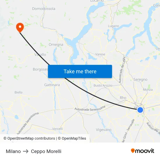 Milan to Ceppo Morelli map