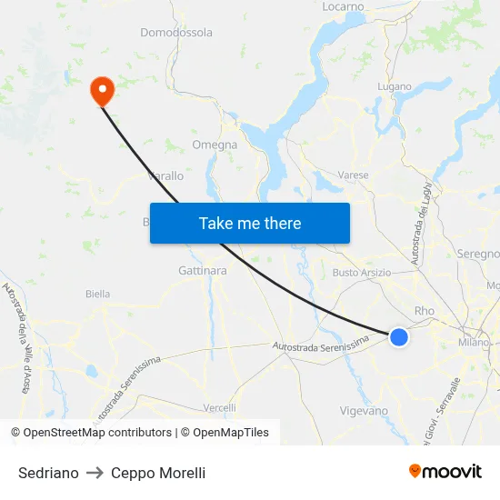Sedriano to Ceppo Morelli map