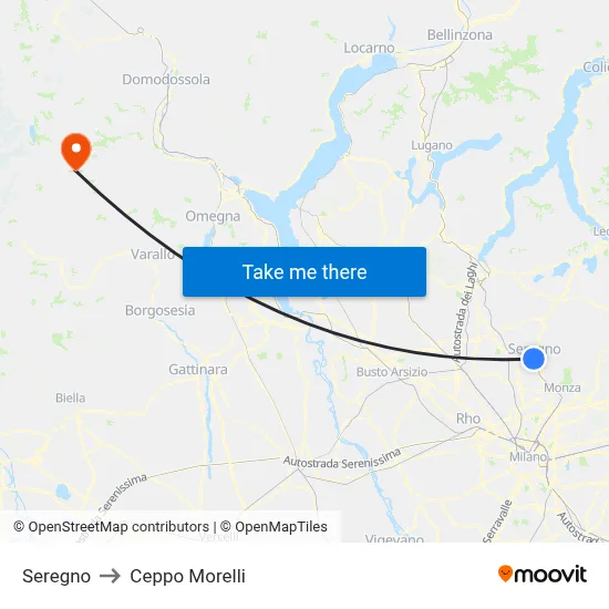 Seregno to Ceppo Morelli map