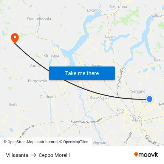 Villasanta to Ceppo Morelli map