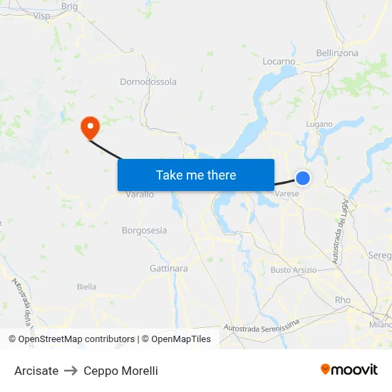 Arcisate to Ceppo Morelli map