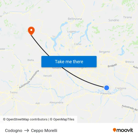 Codogno to Ceppo Morelli map