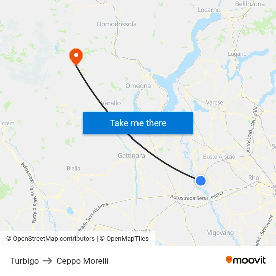 Turbigo to Ceppo Morelli map