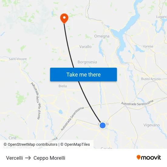 Vercelli to Ceppo Morelli map