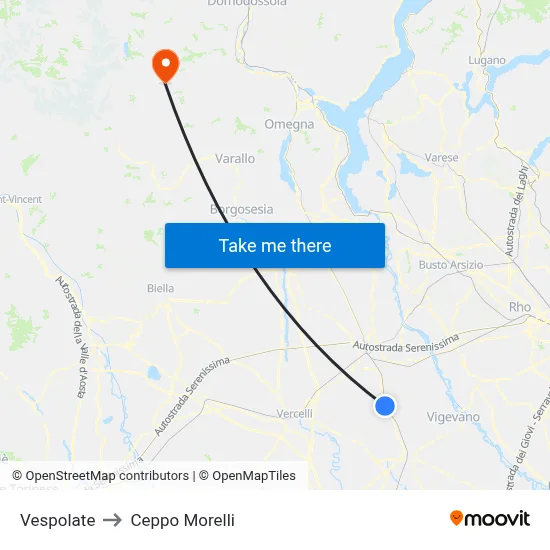 Vespolate to Ceppo Morelli map
