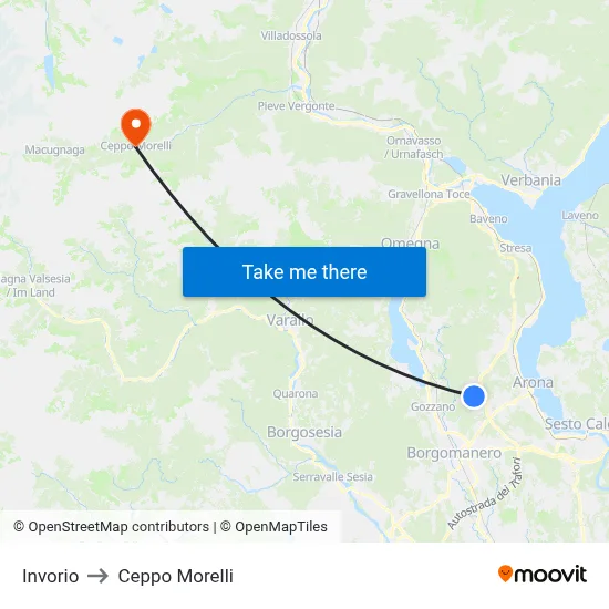 Invorio to Ceppo Morelli map