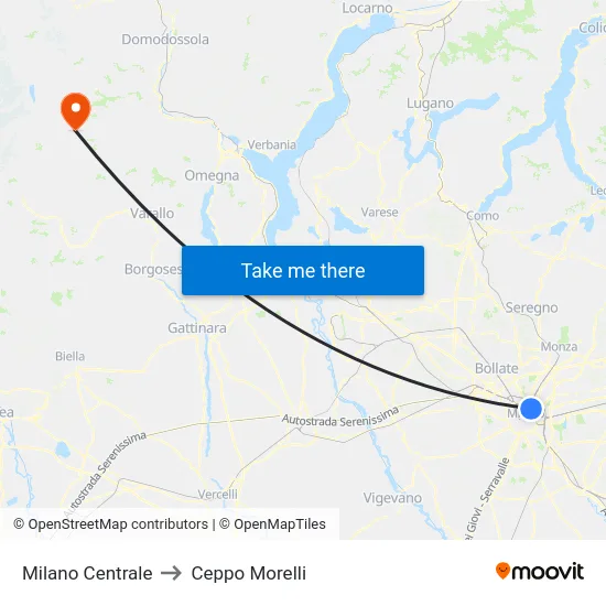 Milano Centrale to Ceppo Morelli map