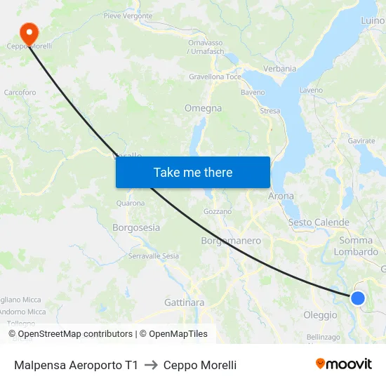 Malpensa Aeroporto T1 to Ceppo Morelli map