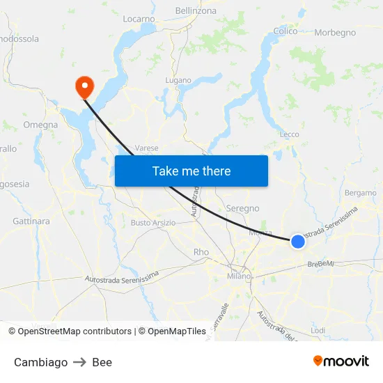 Cambiago to Bee map