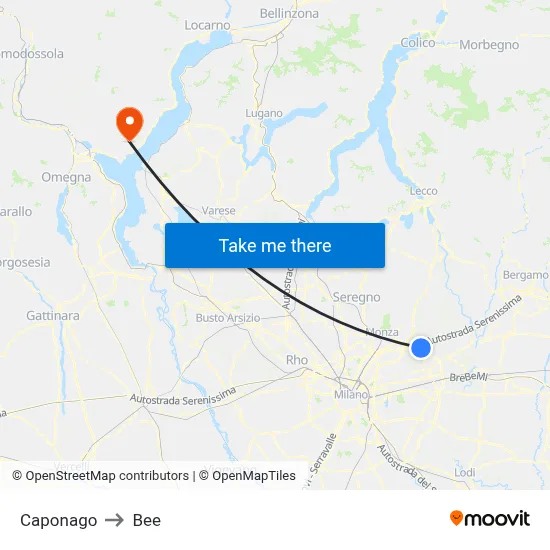 Caponago to Bee map