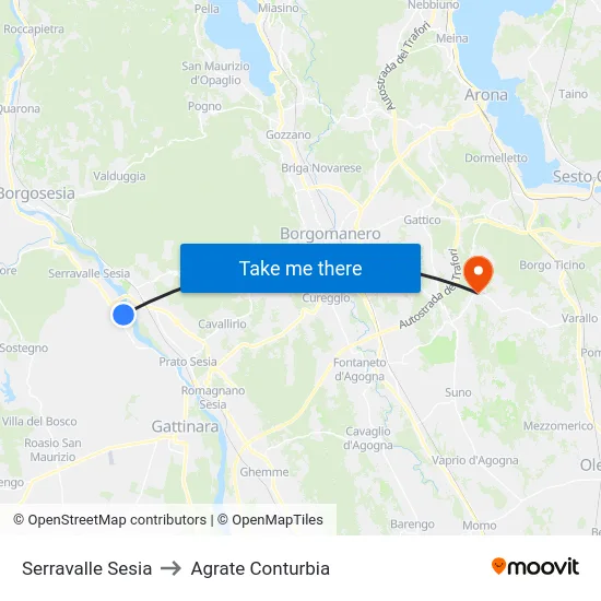Serravalle Sesia to Agrate Conturbia map