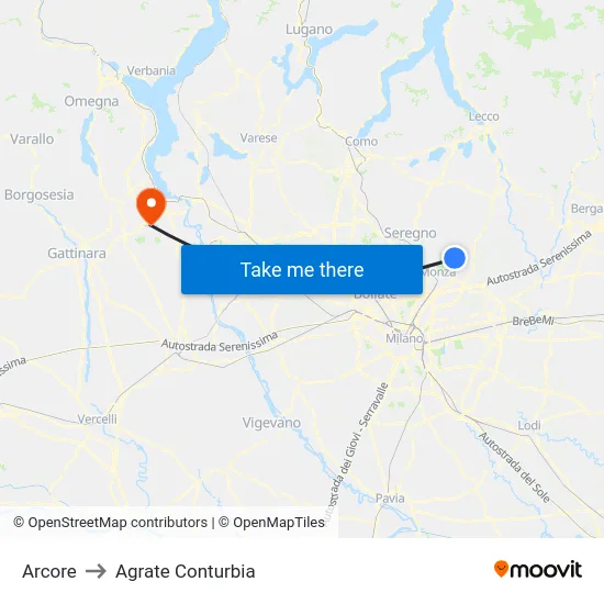 Arcore to Agrate Conturbia map