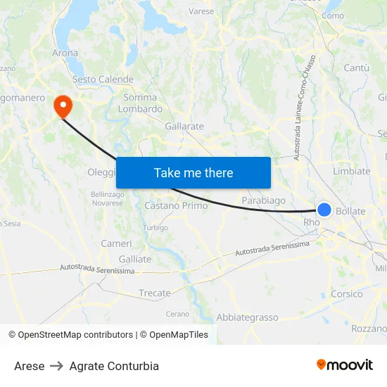 Arese to Agrate Conturbia map