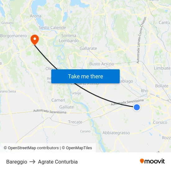 Bareggio to Agrate Conturbia map