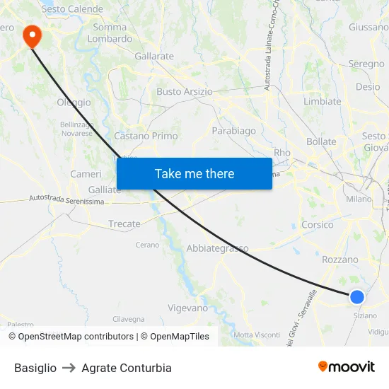 Basiglio to Agrate Conturbia map