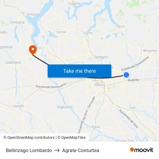 Bellinzago Lombardo to Agrate Conturbia map