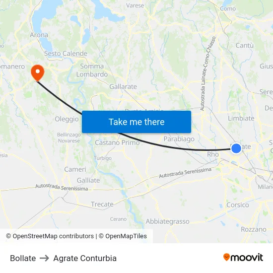 Bollate to Agrate Conturbia map