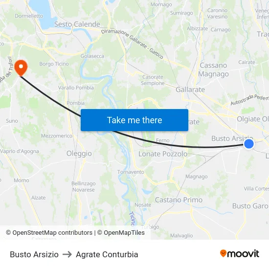 Busto Arsizio to Agrate Conturbia map