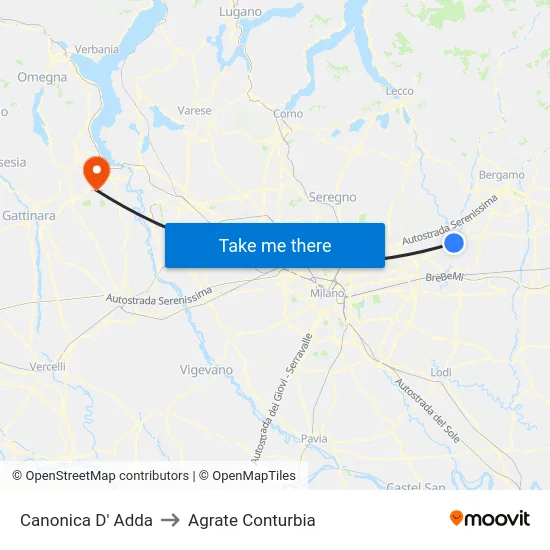 Canonica D' Adda to Agrate Conturbia map