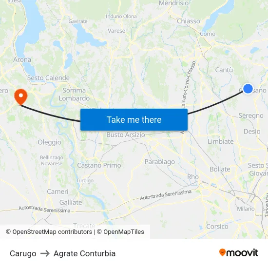 Carugo to Agrate Conturbia map