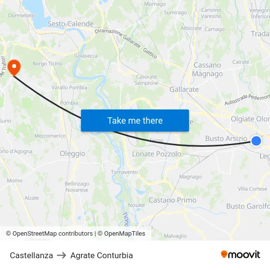 Castellanza to Agrate Conturbia map