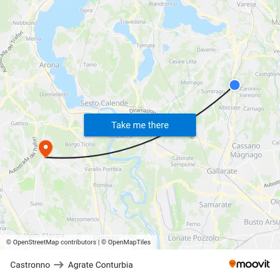 Castronno to Agrate Conturbia map