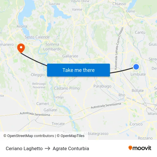 Ceriano Laghetto to Agrate Conturbia map