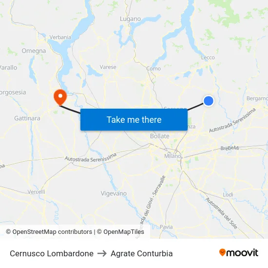 Cernusco Lombardone to Agrate Conturbia map