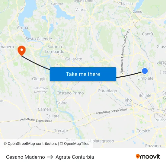 Cesano Maderno to Agrate Conturbia map