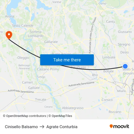 Cinisello Balsamo to Agrate Conturbia map