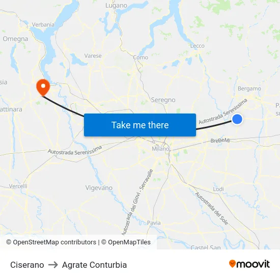 Ciserano to Agrate Conturbia map
