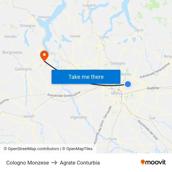 Cologno Monzese to Agrate Conturbia map