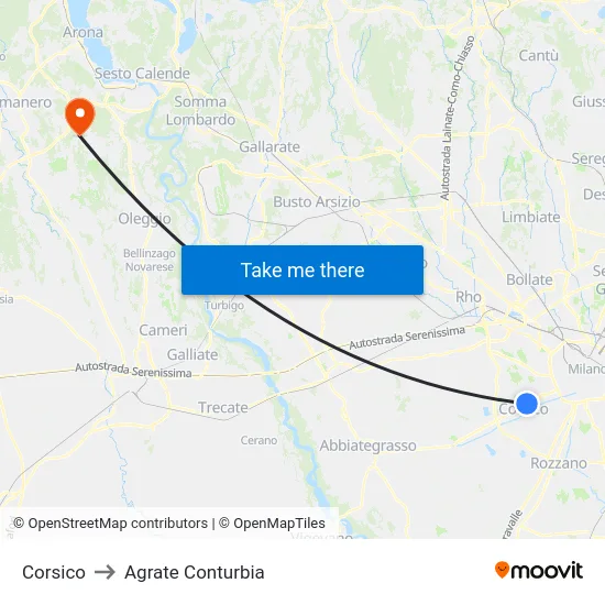 Corsico to Agrate Conturbia map