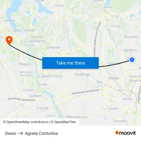 Desio to Agrate Conturbia map