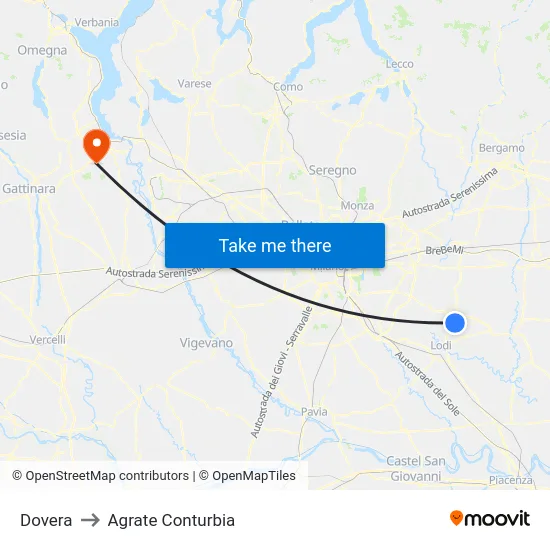 Dovera to Agrate Conturbia map