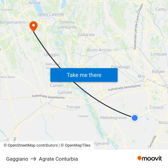 Gaggiano to Agrate Conturbia map