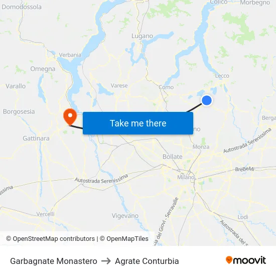 Garbagnate Monastero to Agrate Conturbia map