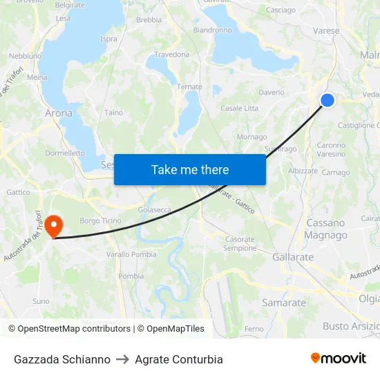 Gazzada Schianno to Agrate Conturbia map