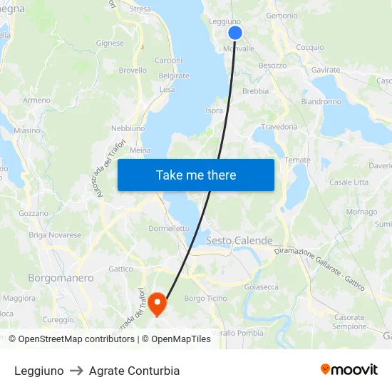Leggiuno to Agrate Conturbia map