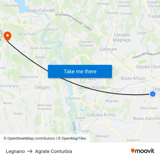 Legnano to Agrate Conturbia map