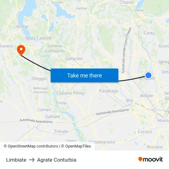 Limbiate to Agrate Conturbia map