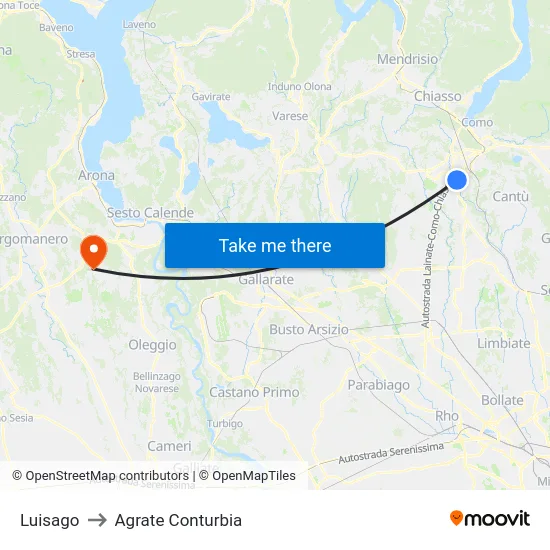 Luisago to Agrate Conturbia map