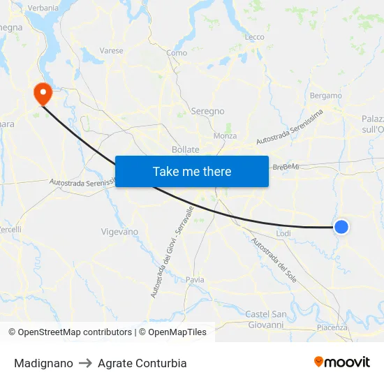 Madignano to Agrate Conturbia map