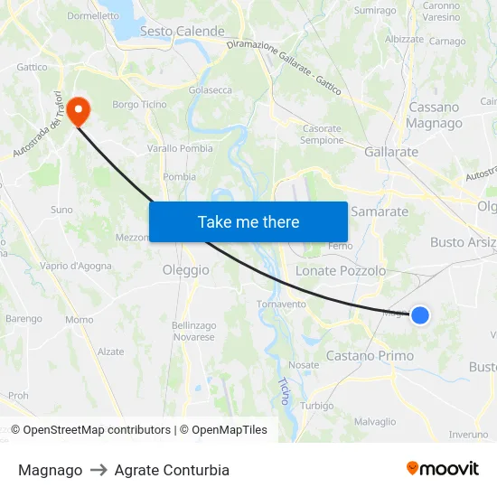 Magnago to Agrate Conturbia map