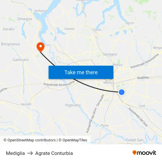 Mediglia to Agrate Conturbia map
