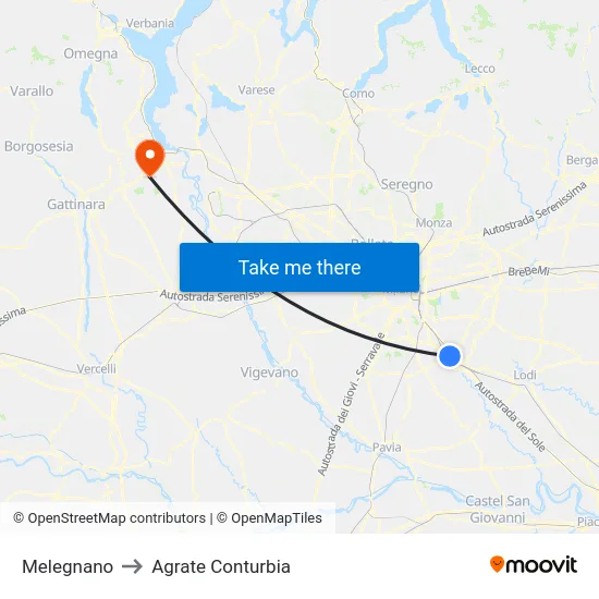 Melegnano to Agrate Conturbia map