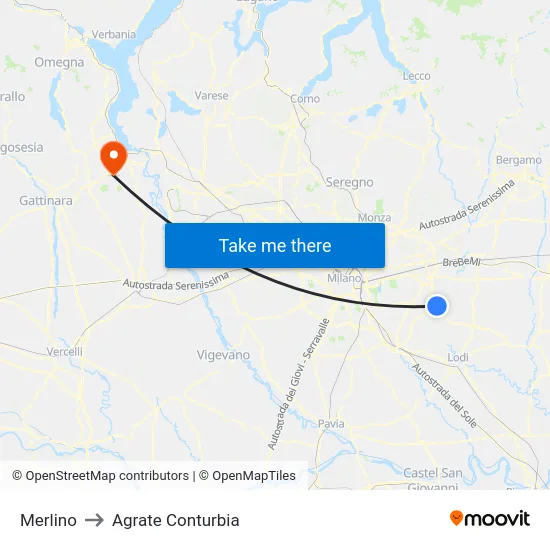 Merlino to Agrate Conturbia map