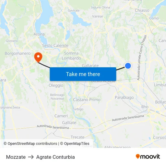Mozzate to Agrate Conturbia map
