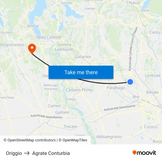 Origgio to Agrate Conturbia map